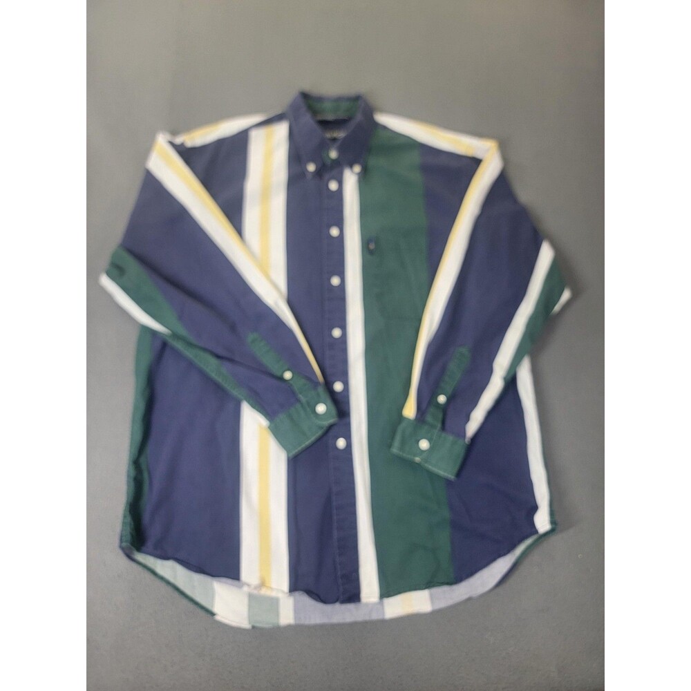 Nautica Shirt Mens XL Blue Green Vertical Stripe Button Down Y2K